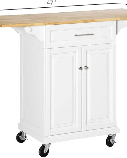 HOMCOM Kitchen Island with Drop Leaf Trolley Cart on Wheels Drawer Cabinet Towel Racks Versatile Use Natural Wood Top and White - LeafyLoom