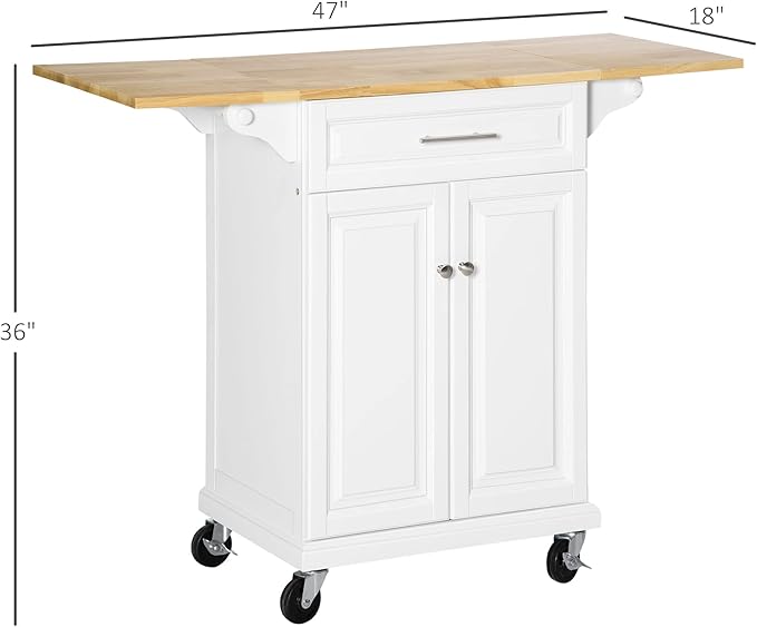 HOMCOM Kitchen Island with Drop Leaf Trolley Cart on Wheels Drawer Cabinet Towel Racks Versatile Use Natural Wood Top and White - LeafyLoom