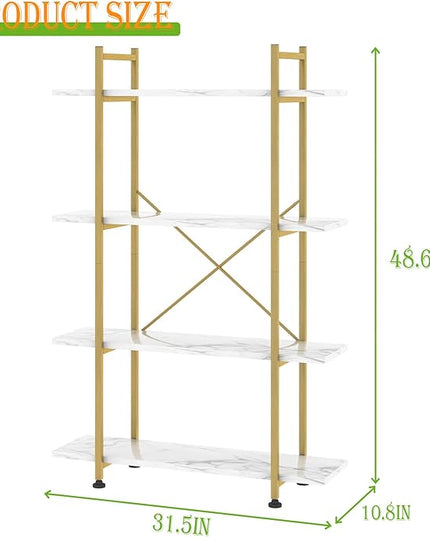 Bookshelf 4 Tiers White and Gold Wooden Storage Shelf,Modern Open Display Storage Bookcase Book Organizer,Metal Bookshelf Standing Storage Shelf Tall Shelving Units for Home Office Study - LeafyLoom
