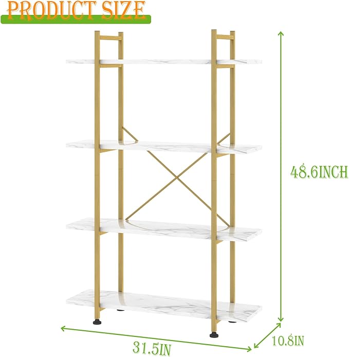 Bookshelf 4 Tiers White and Gold Wooden Storage Shelf,Modern Open Display Storage Bookcase Book Organizer,Metal Bookshelf Standing Storage Shelf Tall Shelving Units for Home Office Study - LeafyLoom