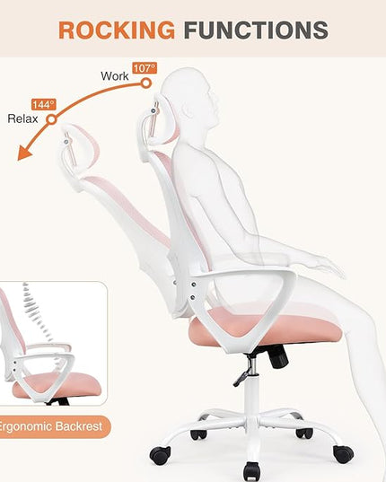 Sweetcrispy Office Computer Desk Chair, Ergonomic High-Back Mesh Rolling Work Chairs with Wheels and Adjustable Headrests, Comfortable Lumbar Support, Comfy Armrest for Home, Bedroom, Study, Pink - LeafyLoom