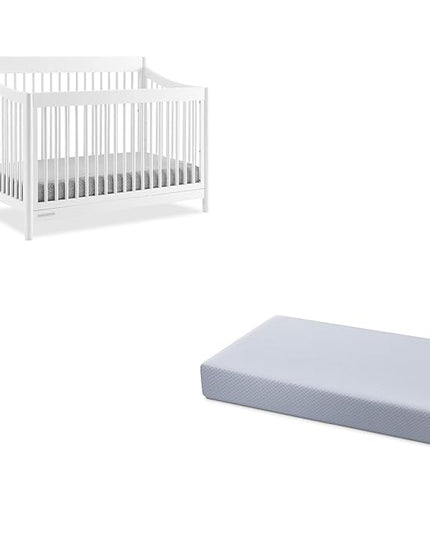 Delta Children Brooks 6-in-1 Convertible Crib, Bianca White + Simmons Kids Quiet Nights Breathable Crib Mattress with Removable/Machine Washable Cover (Bundle) - LeafyLoom