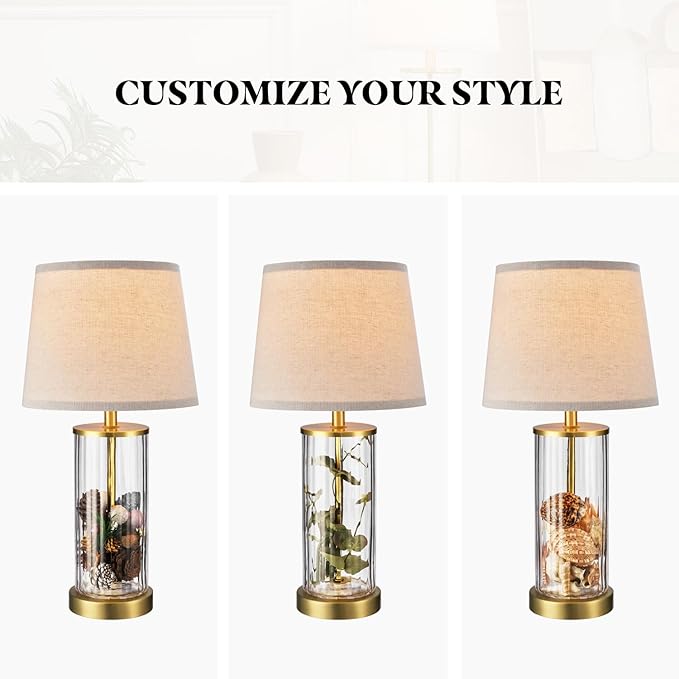Globe Electric 61000063 20" Fillable Ribbed Glass Table Lamp, Matte Brass Accents, Beige Linen Shade, On/Off Rotary Switch on Socket, for Living Room, Bedroom, Office, Home Décor - LeafyLoom