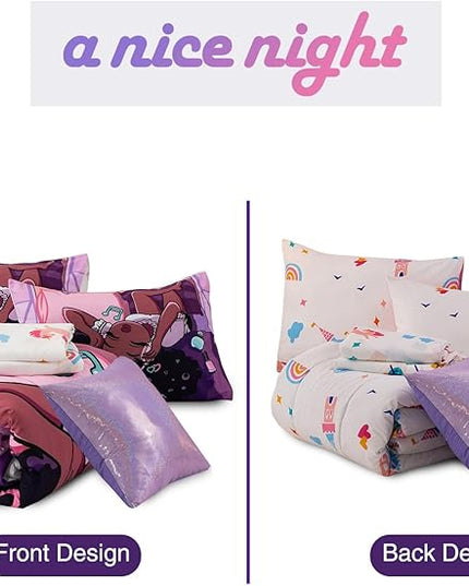 A Nice Night Purple Comforter Sets,Black Girl Listening Music Printed, 6Pcs Bed in A Bag Full Size All Seasons Bedding Set,for Kids, Girls - LeafyLoom