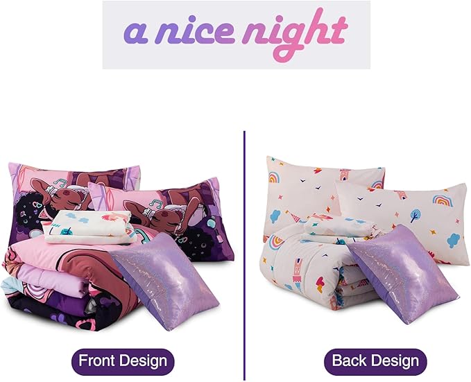 A Nice Night Purple Comforter Sets,Black Girl Listening Music Printed, 6Pcs Bed in A Bag Full Size All Seasons Bedding Set,for Kids, Girls - LeafyLoom