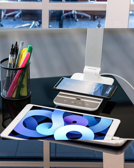 Stand Up Desk Store LED Desk Lamp with Wireless Charging Pad (White Housing, 500 Lumen LED, 10W Qi Wireless Charger, 5V/1A USB Output) - LeafyLoom