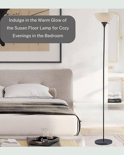 LIGHTACCENTS Stand Up Floor Lamp in Black - Modern Corner Light with White Opal Bowl Shade - Susan Design, Ideal for Living Room or Office, 72" Tall, 150-watt - Chic Living Room Floor Lamp Black - LeafyLoom
