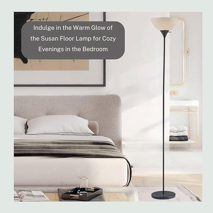 LIGHTACCENTS Stand Up Floor Lamp in Black - Modern Corner Light with White Opal Bowl Shade - Susan Design, Ideal for Living Room or Office, 72" Tall, 150-watt - Chic Living Room Floor Lamp Black - LeafyLoom