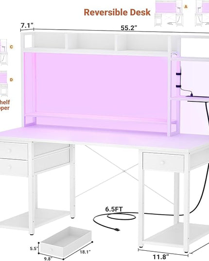 Aheaplus Desk with LED and Outlets, Gaming Desk with Hutch, 55.2'' Computer Desk with Drawers, Reversible Office Desk with Storage Bookshelf Large Workstation Desk with Shelf, Desk for Home, White - LeafyLoom