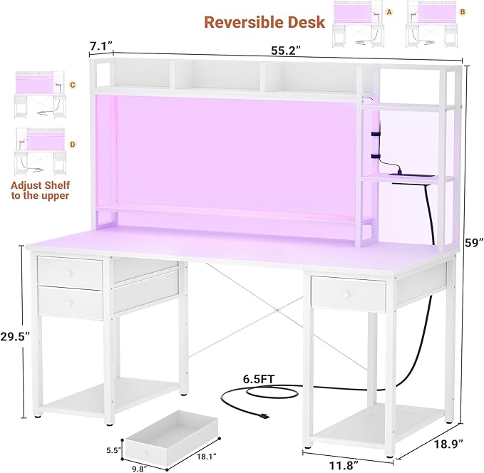 Aheaplus Desk with LED and Outlets, Gaming Desk with Hutch, 55.2'' Computer Desk with Drawers, Reversible Office Desk with Storage Bookshelf Large Workstation Desk with Shelf, Desk for Home, White - LeafyLoom