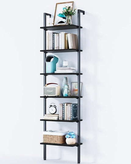 ODK 6-Tier Ladder Shelf, 87 Inches Wall Mounted Ladder Bookshelf with Metal Frame, Open Industrial Shelves for Home Office, Bedroom and Living Room, Black - LeafyLoom