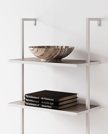 Nathan James Theo 5-Shelf Modern Bookcase, Open Wall Mount Ladder Bookshelf with Industrial Metal Frame, Gray Oak Wood/White - LeafyLoom
