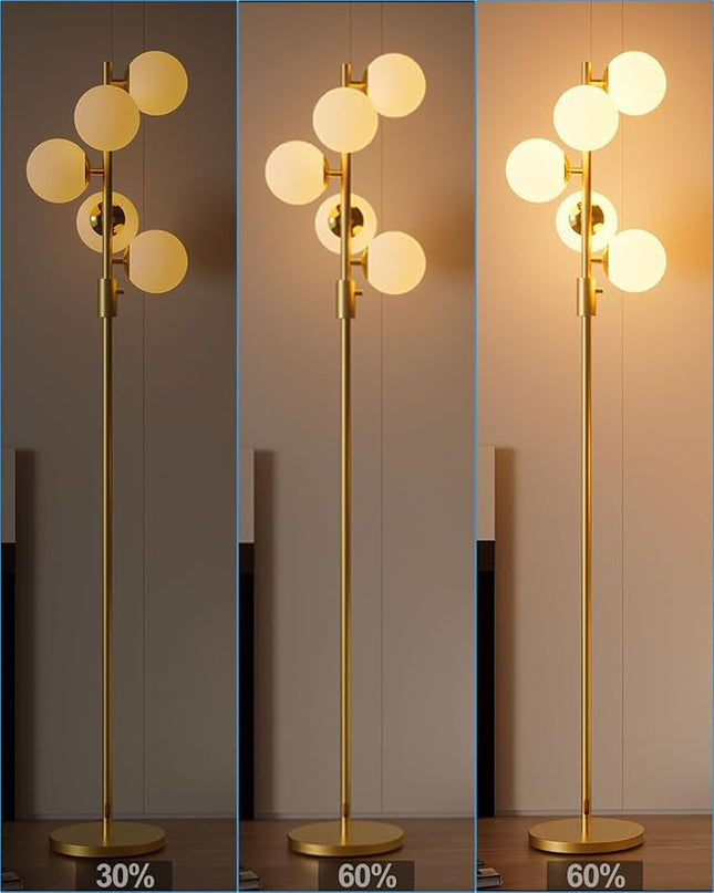 Lightdot Dimmable (Brightness Adjustable) Globe Floor Lamp, Gold Standing Lamps with 5PCS 3000K G9 Bulbs, Mid Century Modern Floor Lamp for Living Room Bedroom Office - LeafyLoom