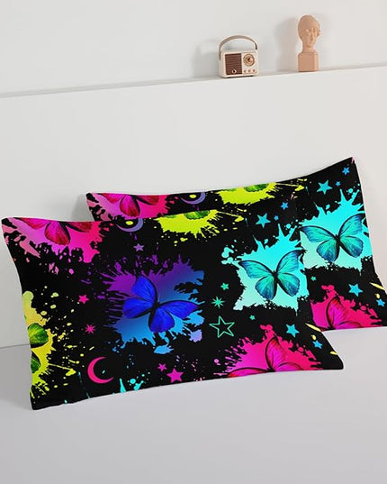 HOSIMA Colorful Butterfly Comforter Set for College Girls and Boys,3Pcs Bedding Set Colorful Ink Print Comforter with 2 Pillowcases,Star Moon Black Queen Comforter Set for All Seasons. - LeafyLoom