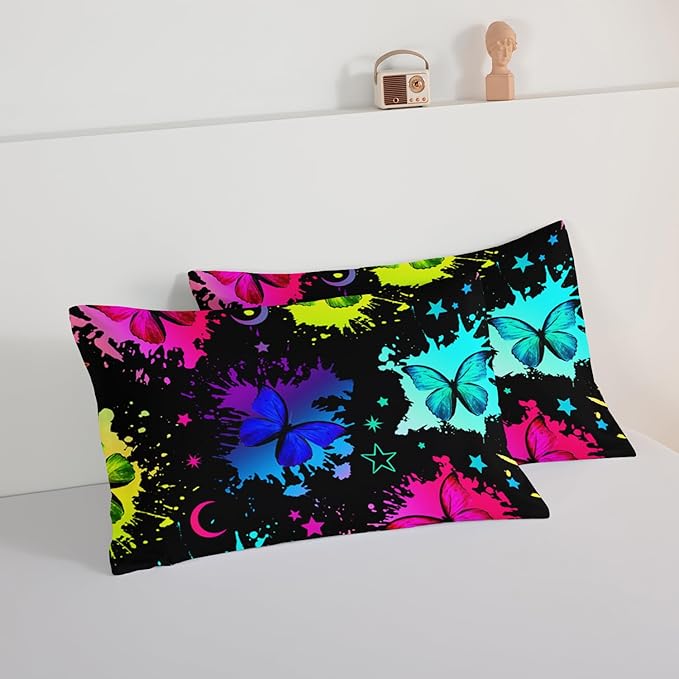 HOSIMA Colorful Butterfly Comforter Set for College Girls and Boys,3Pcs Bedding Set Colorful Ink Print Comforter with 2 Pillowcases,Star Moon Black King Size Comforter Set for All Seasons. - LeafyLoom