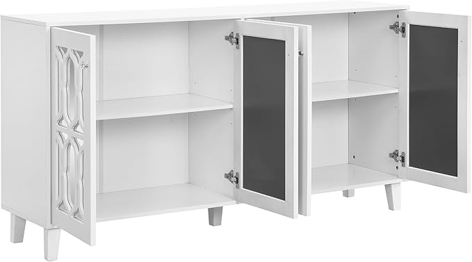 Merax Buffet Cabinet with Adjustable Shelves, 4-door Mirror Hollow-Carved TV stand for Television Up to 65 inches, Multi-functional Console Table with Storage Credenza for Living Room, White - LeafyLoom