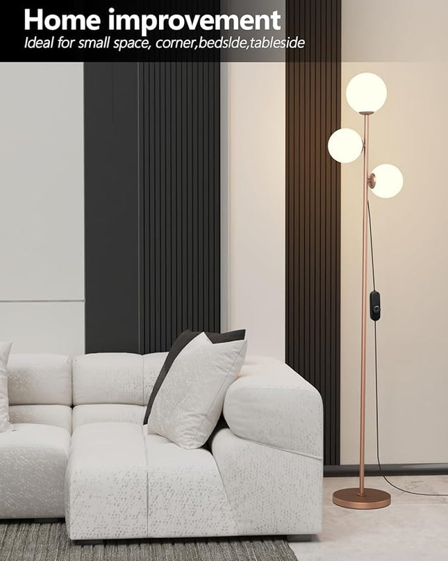 Mid Century Modern Floor Lamp for Living Room Easy to Install, 3 Globe Lights Tall Gold Floor Lamp with Glass Shades and Bulbs, Dimmable Standing Lamp Vintage Floor Lamps for Bedroom Office - LeafyLoom