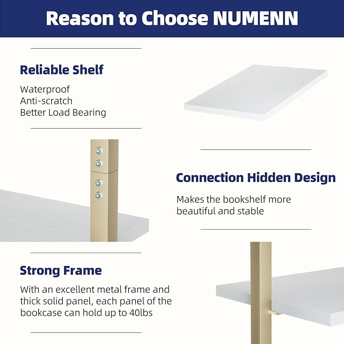 NUMENN Industrial Ladder Shelf, 5 Tier Book Shelf, Open Space Wall Mount Bookshelf with Metal Frame, Sturdy Book Shelves, Bookcase for Living Room, White and Gold - LeafyLoom