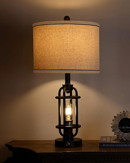 Industrial Black Metal Table Lamps Living Room 23.75'' Lamp for Nightstand Single Bedside End Lamp Home Decor Touch Lamp Modern Lamps with USB Ports - LeafyLoom