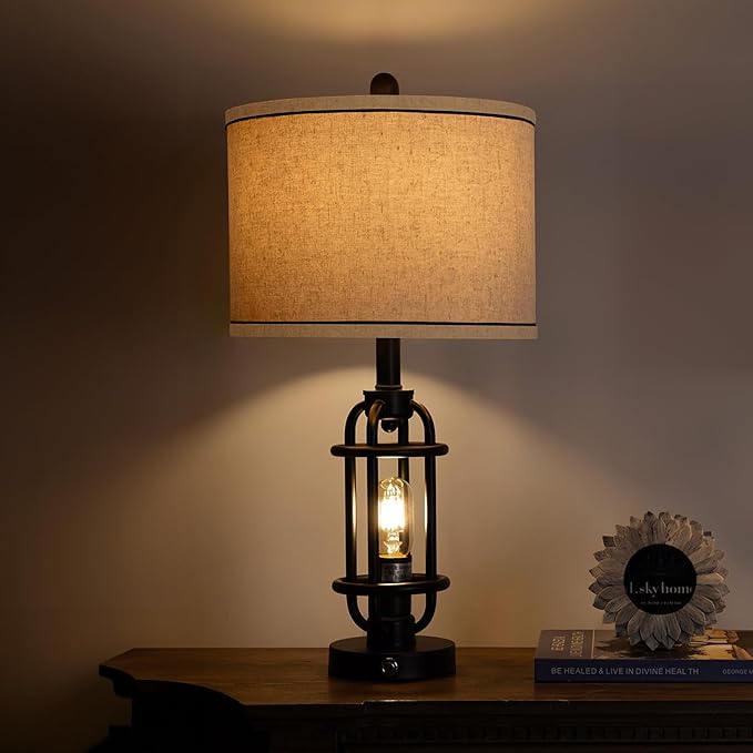 Industrial Black Metal Table Lamps Living Room 23.75'' Lamp for Nightstand Single Bedside End Lamp Home Decor Touch Lamp Modern Lamps with USB Ports - LeafyLoom