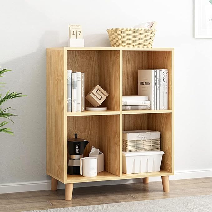 IOTXY Freestanding Open Cubes Bookcase - 2-Tier Floor Standing Wooden Storage Display Cabinet Organizer with Legs for Home Office, 4-Cubes Open Shelf Low Short Bookshelf, Oak - LeafyLoom