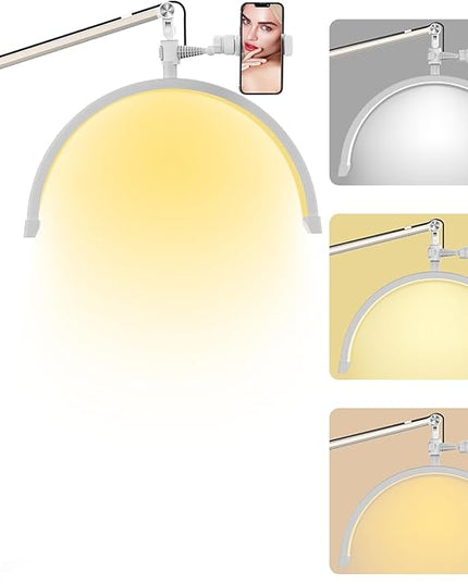 Yofuly Lash Light for Eyelash Extensions, Portable Half Moon Desk Lamp, Esthetician Light for Tattoo Artists, Nail Tech, Eyelash Lamp with Phone Holder | 3000-6000K | 10 Brightness Adjustable (White) - LeafyLoom