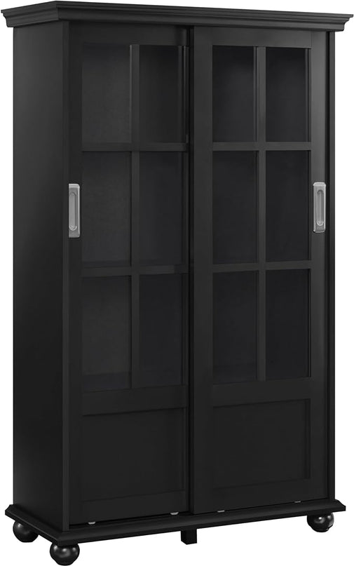 Ameriwood Home Aaron Lane Bookcase with Sliding Glass Doors, Black - LeafyLoom