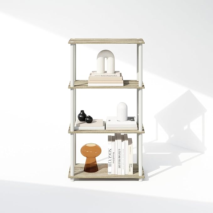 Furinno Turn-N-Tube 4-Tier Multipurpose Shelf Display Rack, Shelving Unit, Bookcase, Sonoma Oak/White - LeafyLoom