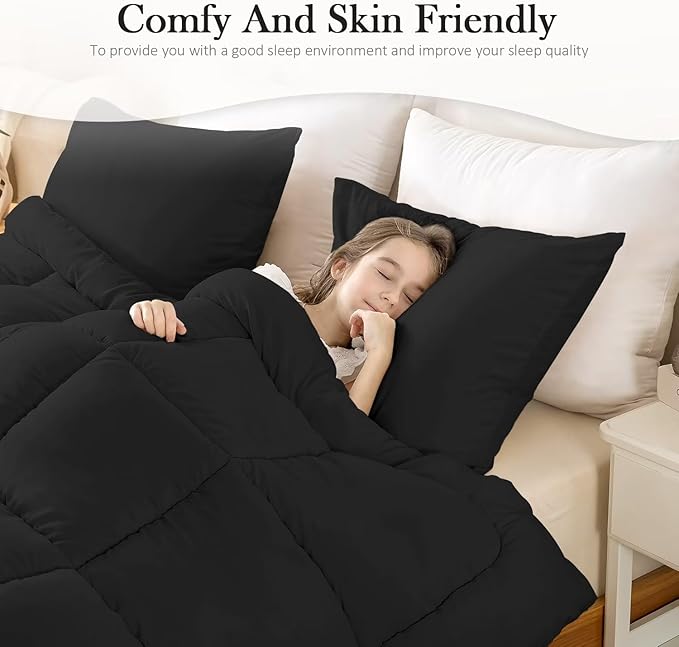 WhatsBedding King Comforter Set, Black Lightweight 3 Pieces Bedding Set for All Season Soft Down Alternative Bed Set with 2 Pillowcases, King Size, 102"x90" - LeafyLoom