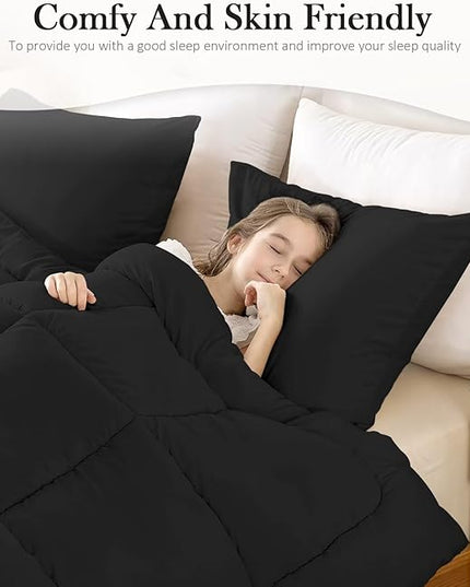 WhatsBedding Queen Comforter Set, Black Lightweight 3 Pieces Bedding Set for All Season Soft Down Alternative Bed Set with 2 Pillowcases, Queen Size,88"x90" - LeafyLoom