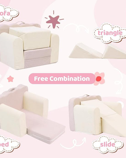 3-in-1 Toddler Chair Comfy Kids Sofa Chair,Toddler Couch Fold Out with Folding Ottomans,Foldable Baby Couch for Girls and Boys,Convertible Kids Chair Cozy to Lounger Pull Out for Playroom,Beige Pink - LeafyLoom