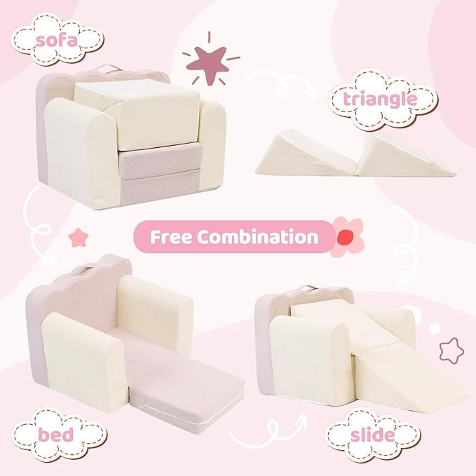 3-in-1 Toddler Chair Comfy Kids Sofa Chair,Toddler Couch Fold Out with Folding Ottomans,Foldable Baby Couch for Girls and Boys,Convertible Kids Chair Cozy to Lounger Pull Out for Playroom,Beige Pink - LeafyLoom