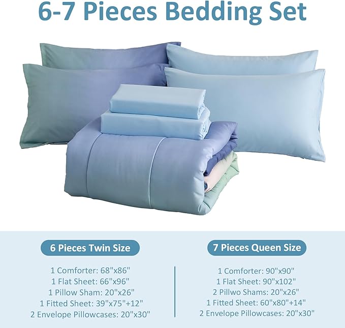 Dinjoy Girls Comforter Set Twin Size Colorful Rainbow Ombre Blue Green Pink Bedding Set Gradient 6 Pieces Bed in A Bag for Kids Teen Girl Women(1 Comforter, 1 Flat Sheet, 1 Fitted Sheet) - LeafyLoom