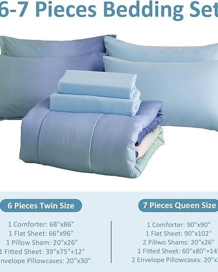 Dinjoy Girls Comforter Set Queen Size Colorful Rainbow Ombre Blue Green Pink Bedding Set Gradient 7 Pieces Bed in A Bag for Kids Teen Girl Women(1 Comforter, 1 Flat Sheet, 1 Fitted Sheet) - LeafyLoom