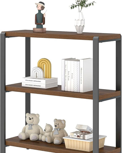 FOLUBAN Small Bookshelf and Bookcase, 3 Tier Low Short Book Shelf, Industrial Metal and Wood Book Case for Living Room Bedroom, Rustic Walnut - LeafyLoom