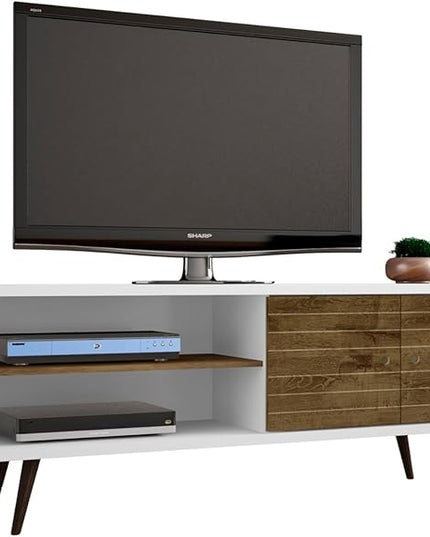 Manhattan Comfort Liberty Collection Mid Century Modern TV Stand With One Cabinet and Two Open Shelves With Splayed Legs, Wood/White, Medium, Model Number: 201AMC69 - LeafyLoom