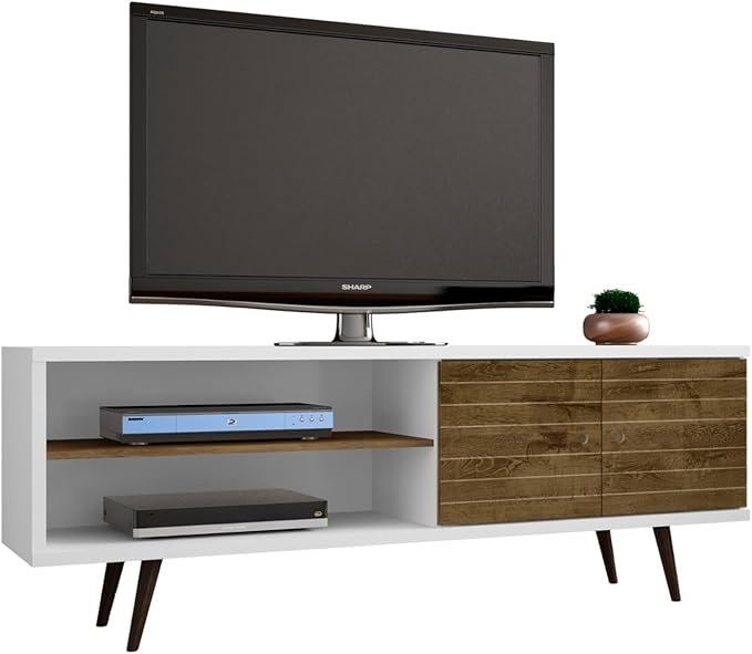 Manhattan Comfort Liberty Collection Mid Century Modern TV Stand With One Cabinet and Two Open Shelves With Splayed Legs, Wood/White, Medium, Model Number: 201AMC69 - LeafyLoom
