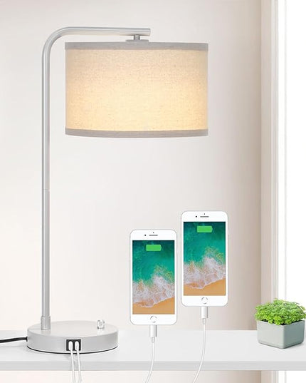 Table Lamp with USB Ports, Fully Dimmable Nightstand Lamp for Living Room, Modern Grey Bedside Lamp, Tall Table Lamp with Beige Shade Minimalist Desk Lamp for Bedroom Office, LED Bulb Included - LeafyLoom