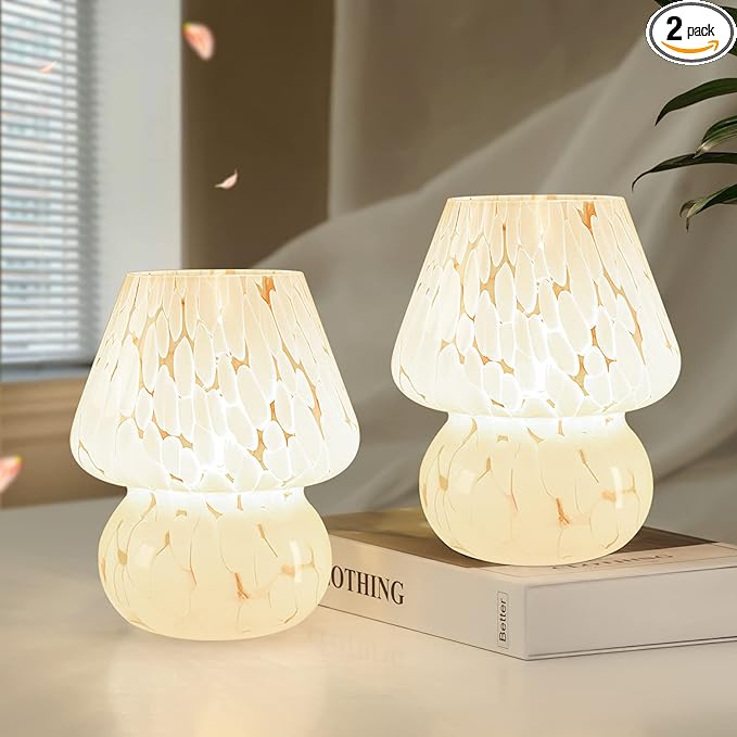 Cute Mushroom Lamp Small Bedside Table Lamp Set of 2 Stepless Dimmable, Translucent Glass White Nightstand Lamp for Bedroom Dorm Kids Room Living Kitchen, Murano Aesthetic Home Decor Gift - LeafyLoom