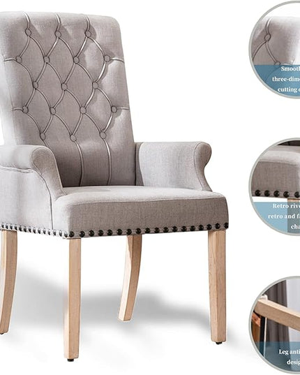Dining Room Chairs with Arms,Tufted Upholstered High Back Nailed Trim with Untique Oak Wood Legs for Kitchen Restaurant Room Bedroom - LeafyLoom