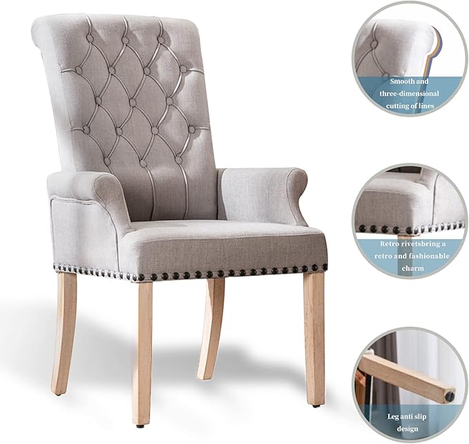 Dining Room Chairs with Arms,Tufted Upholstered High Back Nailed Trim with Untique Oak Wood Legs for Kitchen Restaurant Room Bedroom - LeafyLoom
