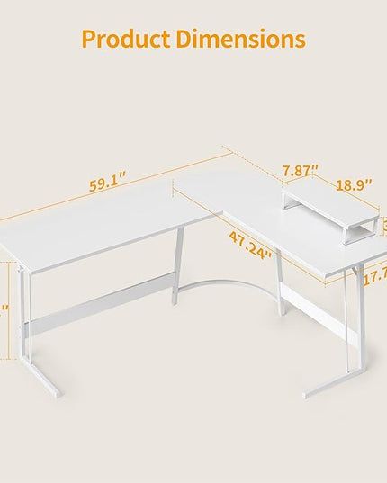 BANTI L Shaped Gaming Desk Computer Office Desk, 59 inch Corner Desk with Large Monitor Stand for Home Office Study Writing Workstation, White - LeafyLoom