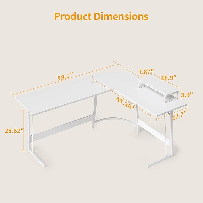 BANTI L Shaped Gaming Desk Computer Office Desk, 59 inch Corner Desk with Large Monitor Stand for Home Office Study Writing Workstation, White - LeafyLoom
