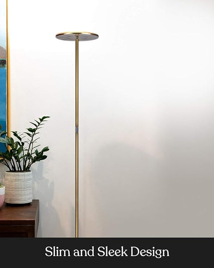Brightech Sky Flux Dimmable LED Floor Lamp – Super Bright Floor Lamp for Living Room and Offices – Torchiere Standing Lamp with 3 Light Options, Tall Lamp for Bedroom Reading and More - Brass - LeafyLoom
