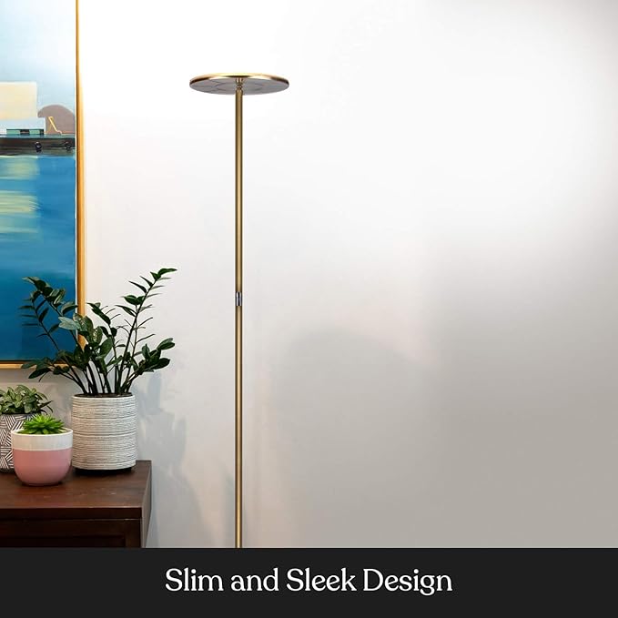 Brightech Sky Flux Dimmable LED Floor Lamp – Super Bright Floor Lamp for Living Room and Offices – Torchiere Standing Lamp with 3 Light Options, Tall Lamp for Bedroom Reading and More - Brass - LeafyLoom