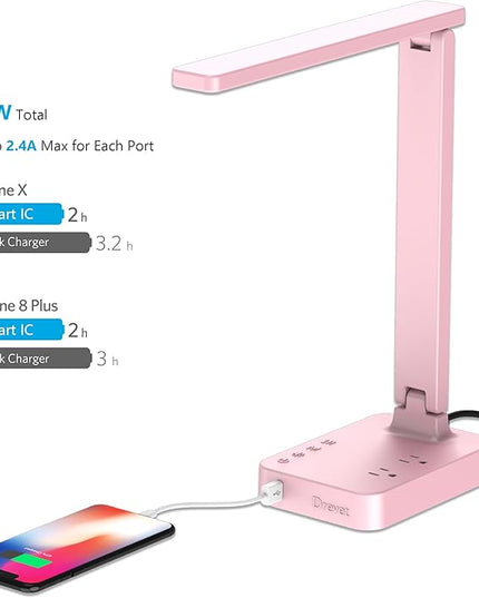 Drevet LED Desk Lamp, Desk Light with 1 USB Charging Port and 2 AC Power Outlet, 3 Lighting Modes, 3 Level Brightness,1H Timer, Touch Control, Eye-Caring Home Office Foldable Table Lamp (Pink) - LeafyLoom