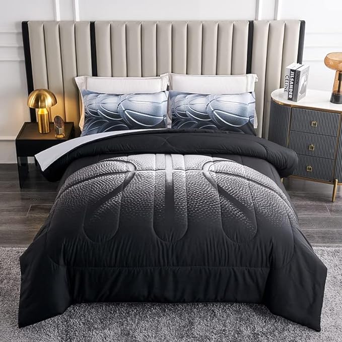 Teen Boy Comforter Set Full,Basketball Bedding Set for Kids Boys Teens,Black and Grey Sports Comforter Full with 2 Pillowcases,Basketball Comforter Full Size for Boys,All Season Use - LeafyLoom