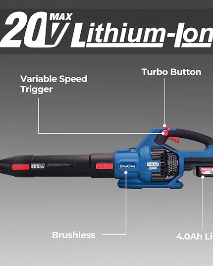DongCheng Cordless Leaf Blower, 485 CFM Variable Speed & Turbo Mode, 3 Nozzles, Shoulder Strap, 4.0Ah Battery and Charger Included, Battery Powered Leaf Blower for Town Care, Patio and Blowing Leaves - LeafyLoom