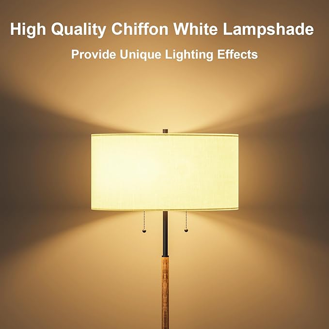 2-Light Floor Lamp, Mid Century Floor Lamp with White Fabric Shade, Standing Lamp Tall Lamp for Living Room Bedroom, 3 Color Temperatures 9W Bulb Include - LeafyLoom