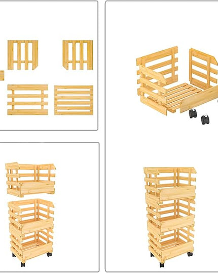 G.a HOMEFAVOR Bamboo Fruit Basket Stand, Potato and Onion Storage Cart, 3-Tier Fruit Basket with Wheels, Vegetable Storage for Kitchen Floor (Self-assembly) - LeafyLoom